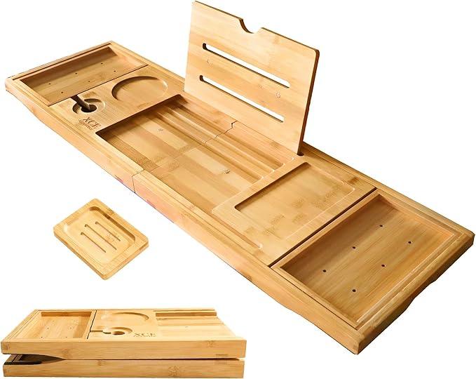 XcE Foldable Bamboo Bathtub Caddy Tray - Expandable to 41 Inches with Non-Slip Pads & Book Stand for Couples Luxury Bath - ModernBath