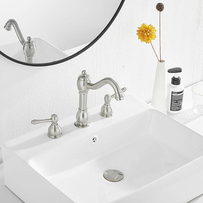 GGStudy 2 Handles 3 Holes Faucet Widespread Bathroom Sink Faucet Basin Tap Mixer Supply Hose Included Matching Pop Up Drain Brushed Nickel - ModernBath