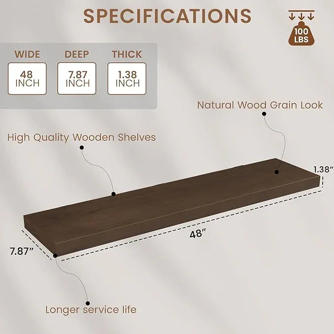 Vivelove Solid Wood Rustic Floating Shelves 36 Inch Long, 8 inch Deep Floating Wall Shelves for Living Room Kitchen Bedroom Bathroom Office, Farmhouse Home Decor, 1 Pack, Dark Walnut, Pine Wood - ModernBath