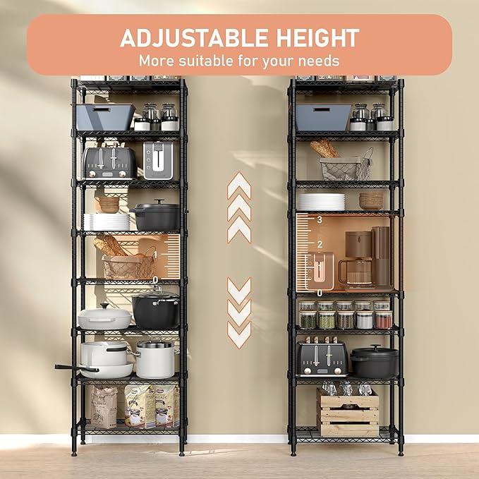 8 Tier 2000 lbs Storage Rack Metal Wire Shelving Unit, Storage Standing Shelf Organizer for Laundry Bathroom Kitchen Pantry Closet Garage Basement Utility Room, Black 13.8" D x 23.6" W x 79.5" H - ModernBath
