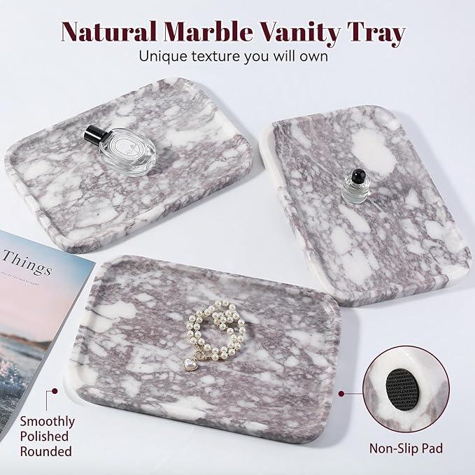 Karibiber Luxury Marble Vanity Tray, Bathroom Tray Countertop, Calacatta Marble/Stone, Home Decorative Dresser Organizer, Storage for Kitchen Sink, Perfume Jewelry Holder(Purple&White) - ModernBath