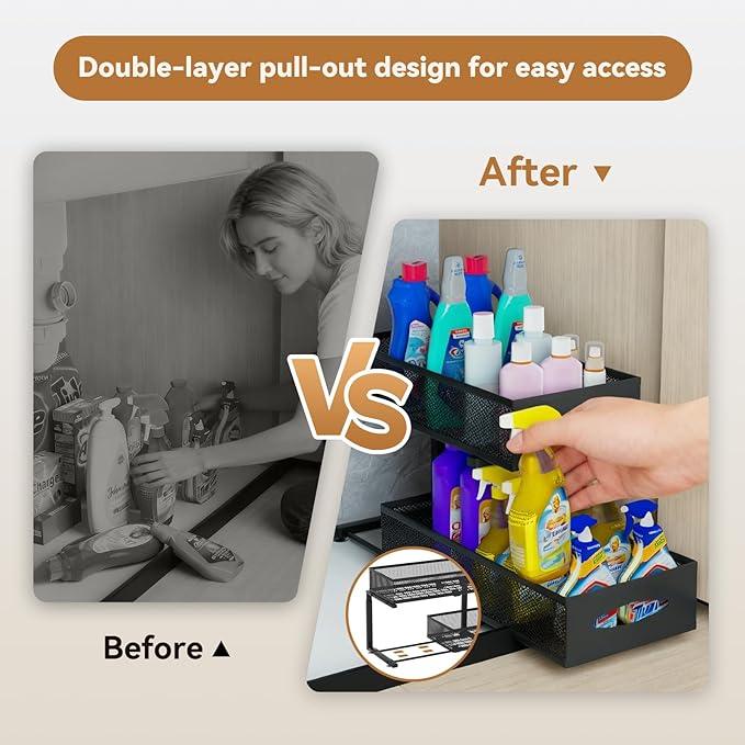 2 Pack Under Sink Organizer,2 Tier Pull Out Sink Shelf,Cabinet Organizer Shelves,Under Sink Shelf,Metal Sliding Drawer Storage for Kitchen Bathroom,Height Adjustable,Black - ModernBath