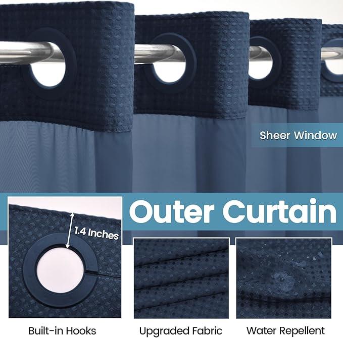 EUTXL Navy Blue Long No Hook Shower Curtain with Snap in Liner,230GSM Waffle Weave Shower Curtains for Bathroom,71W x 86H - ModernBath