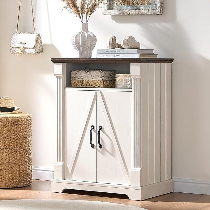 24" Farmhouse Storage Cabinet – Antique White Freestanding Buffet Sideboard with Barn Doors, Adjustable Shelf, Small Coffee Bar for Kitchen, Bathroom & Living Room - ModernBath