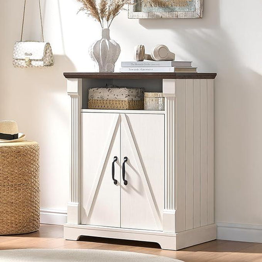 24" Farmhouse Storage Cabinet – Antique White Freestanding Buffet Sideboard with Barn Doors, Adjustable Shelf, Small Coffee Bar for Kitchen, Bathroom & Living Room - ModernBath