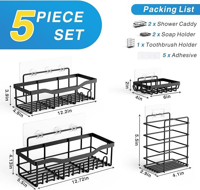 EUDELE Adhesive Shower Caddy, 5 Pack Rustproof Stainless Steel Bath Organizers With Large Capacity, No Drilling Shelves for Bathroom Storage & Home Decor - ModernBath