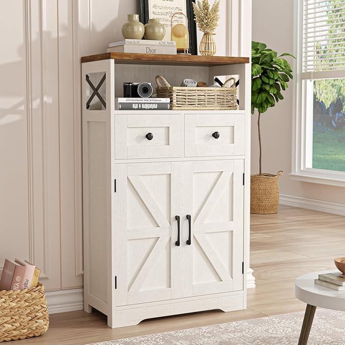 Farmhouse Storage Cabinet with Barn Doors and Shelves, Farmhouse Kitchen Pantry, Small Tall Coffee Bar Cabinet with Storage, Hutch Cupboard for Bathroom, Laundry, Living Room,White - ModernBath