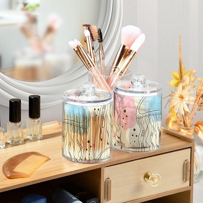 Tatenale Qtip Holder Bathroom Set Q tip Cotton Ball Swab Pad Dispenser Container Organizer Plastic Jars with Lids Storage 2Pack Ocean Jellyfish Beige - ModernBath