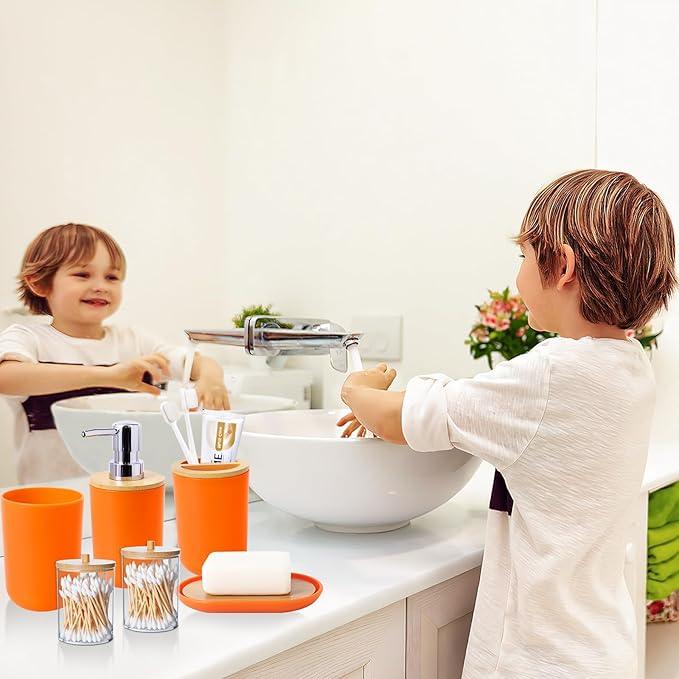 SLDIYWOW 9 Pieces Orange Bathroom Accessory Set, Plastic Bathroom Accessories Set with Trash Can,Soap Dispenser,Toothbrush Holder,Toothbrush Cup,Soap Dish,Toilet Brush and Q-tip Holders for Bathroom - ModernBath