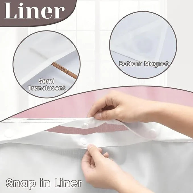 SORTTO No Hook Slub Textured Shower Curtain with Snap in Liner - Pink Fabric Outer Curtain & Waterproof Inner Liner, Hotel Style with See Through Top Window, 71x74 in - ModernBath