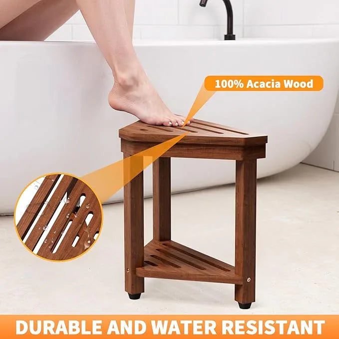 Shower Foot Rest 15 in, Acacia Shower Stool for Shaving Legs,Corner Bath Shower Bench with Starage Shelf for Inside Small Shower Spaces - ModernBath