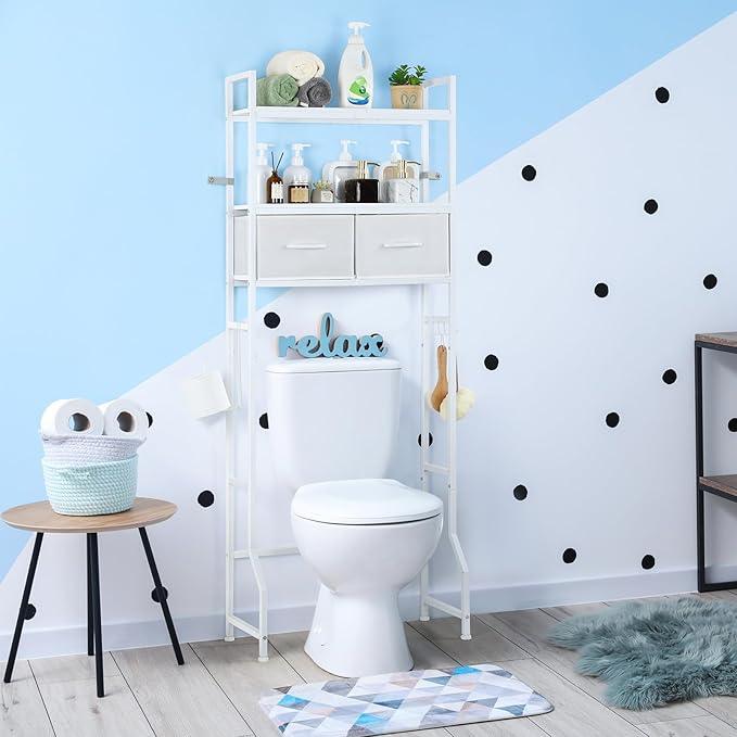 YBING Over The Toilet Storage Cabinet, Over Toilet Bathroom Organizer with Drawer, Above Toilet Stand with Roll Holder and Hooks, Over Toilet Storage Shelf Cabinet, Wooden, White - ModernBath
