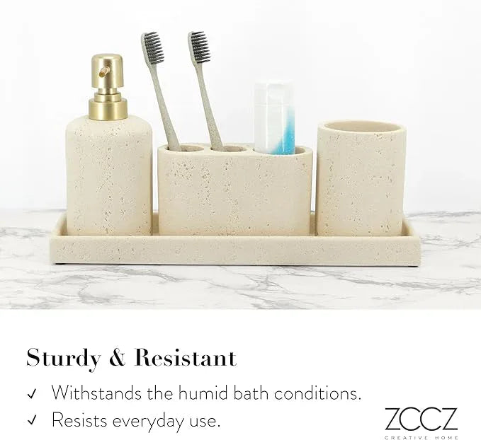 ZCCZ -Beige Bathroom Accessories Set 4 Pcs - Toothbrush Holder, Soap Dispenser, Vanity Tray, Bathroom Tumbler - Countertop Vanity Organizer - Bathroom Accessory Set- Toothbrush Holder Set, Stone Sets - ModernBath