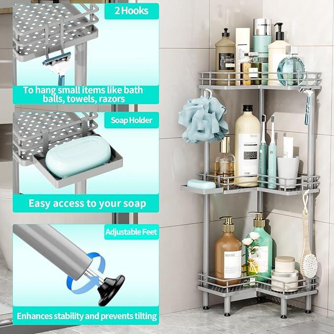 HapiRm Corner Shower Caddy Standing - 3 Tier Shower Organizer Corner with Soap Holder, Rustproof Bathroom Standing Organizer with 4 Hooks, Grey - ModernBath