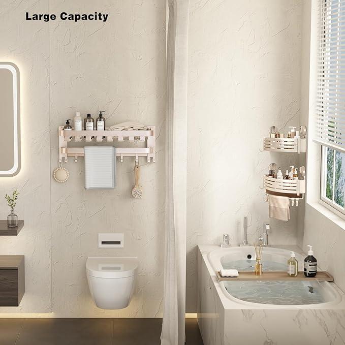 VOLPONE Corner Shower Caddy Suction Cup Shower Shelf Corner No Drilling Bathroom Shower Organizer Storage Rack Adhesive with Towel Bar Hooks(3-Pack, Ivory) - ModernBath