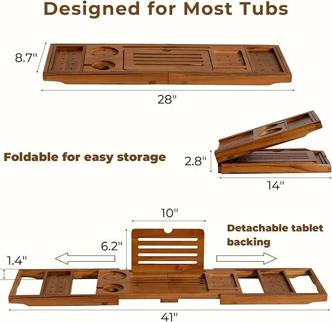 Teak Bathtub Tray, Luxury Bath Table Tray with Wine Glass and Phone Holders & Book Stand, Foldable Wooden Bathtub Caddy for Home Spa Relaxation, Bath Gift for Women（Natural Teak） - ModernBath