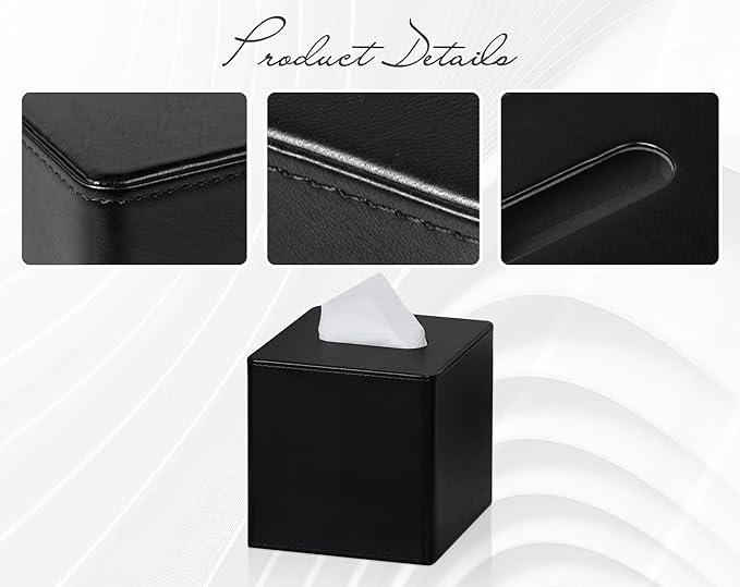 GOLRANLYE Tissue Box Cover Square PU Leather Facial Tissue Box Holder for Dresser Bathroom Decor (Black) - ModernBath