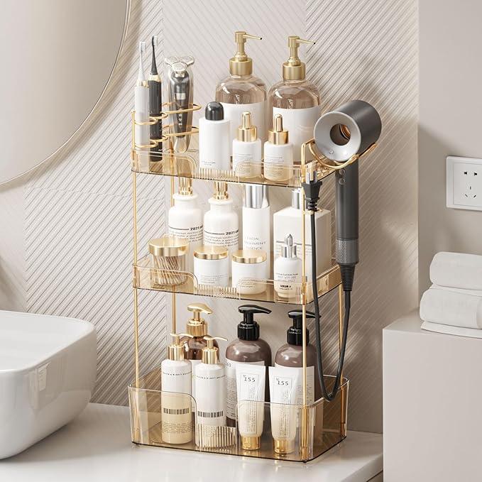 Bathroom Counter Organizer for Vanity, Makeup Organizer Countertop with Holder, Large Capacity Storage Rack, Perfect Large Skincare, Hair Care, Perfume, Easy to Install (Gold, 3Tiers) - ModernBath