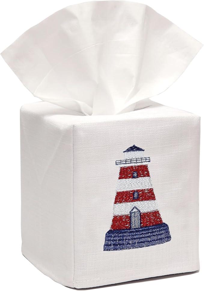 Jacaranda Living Square Tissue Box Cover, Linen/Cotton Fabric Tissue Holder, Decorative Cloth Tissue Cube Cover, Coastal Designs Lighthouse (Red/White) - ModernBath