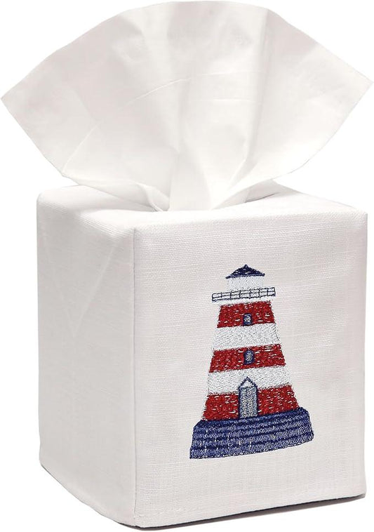 Jacaranda Living Square Tissue Box Cover, Linen/Cotton Fabric Tissue Holder, Decorative Cloth Tissue Cube Cover, Coastal Designs Lighthouse (Red/White) - ModernBath