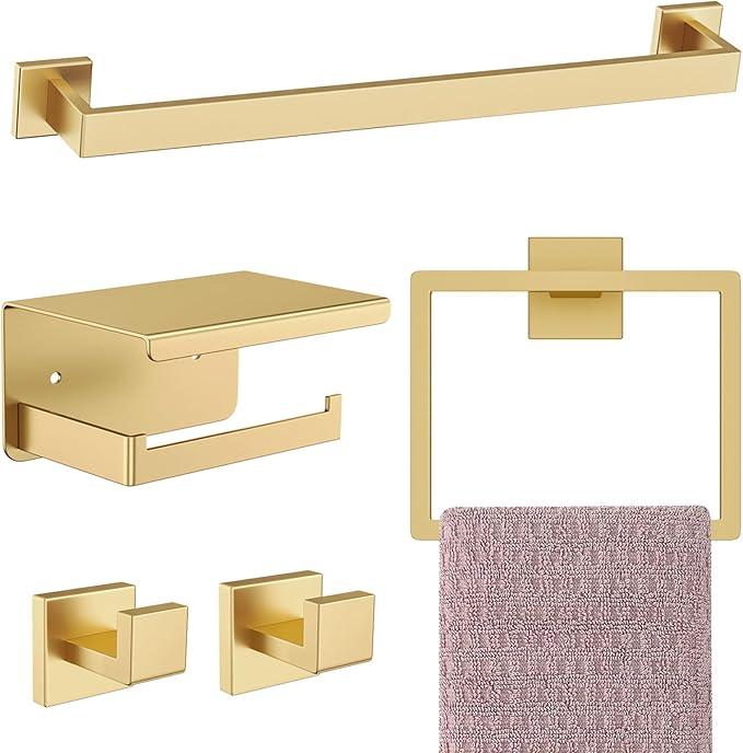 Brushed Gold Bathroom Hardware Set,5-Piece Gold Towel Bar Set Stainless Steel Towel Holder Set 16 Inch Towel Bar Towel Rack Set for Bathroom,Wall Mounted - ModernBath