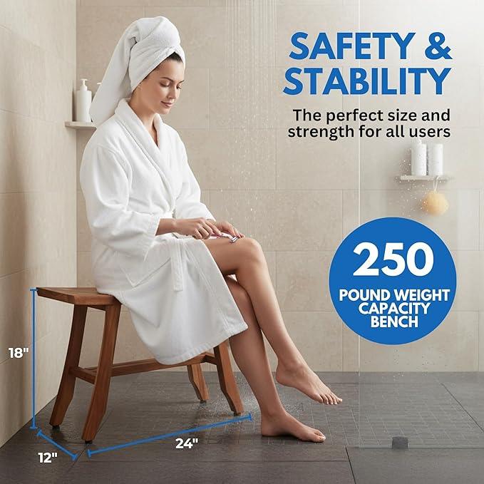 EcoDecors 24 Inch Satori Natural Teak Waterproof Teak Wood Shower Bench Stool Seat Chair for Inside Shower Provides Safety, Storage, and Organization for Bathroom Accessories - ModernBath