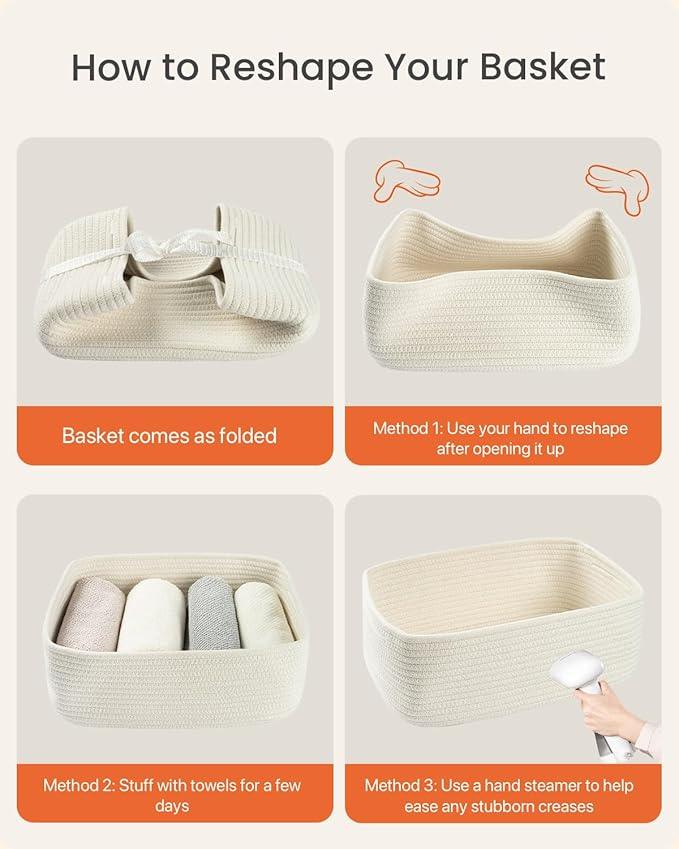 Small Woven Basket, 13.5 x 9.5 x 5 Inches, Storage Basket for Organizing, Cute Small Rope Shelf Closet Cube Storage Bins Baskets for Shelves, Dog Toy Gift Baskets Empty, 3 Packs, Off White - ModernBath