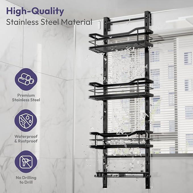 SWTYMIKI Over the Door Shower Caddy - 4 Tier Adjustable Shower Organizer Hanging with Soap Holder, No Drilling Stainless Steel Bathroom Rack Hanging for Body Wash, Shampoo, Soap, Razor, Black - ModernBath
