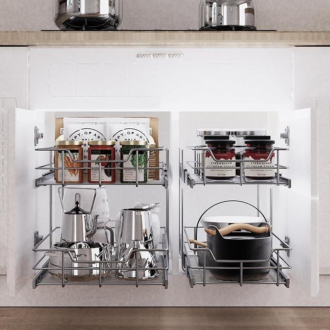 2 Tier Pull Out Cabinet Organizer 18" W X 22" D, Slide Out Drawers For Kitchen Cabinets, Pull Out Drawers For Cabinets Capacity Heavy Duty Caddy, Cabinet Pullout Shelves Chrome-Plated,Bathroom Pantry - ModernBath