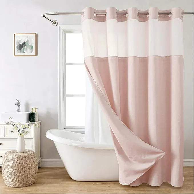 eachope Extra Long No Hooks Needed Linen Textured Shower Curtain with Snap-in Fabric Liner Set,Blush Hotel Luxury Decor Shower Curtains for Bathroom,Waterproof & Washable,71Wx86H - ModernBath