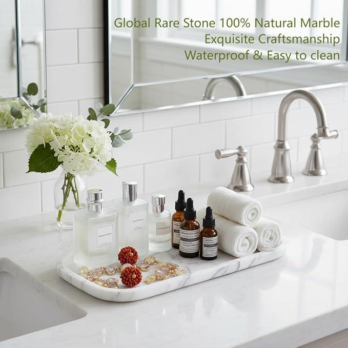 Marmor Real Natural Marble Bathroom Tray for Perfume, Candles, Jewelry Stone Vanity, Bathroom & Kitchen Counter Organizer and Home Decor Statuario White（11.41 * 5.51 * 0.7） - ModernBath