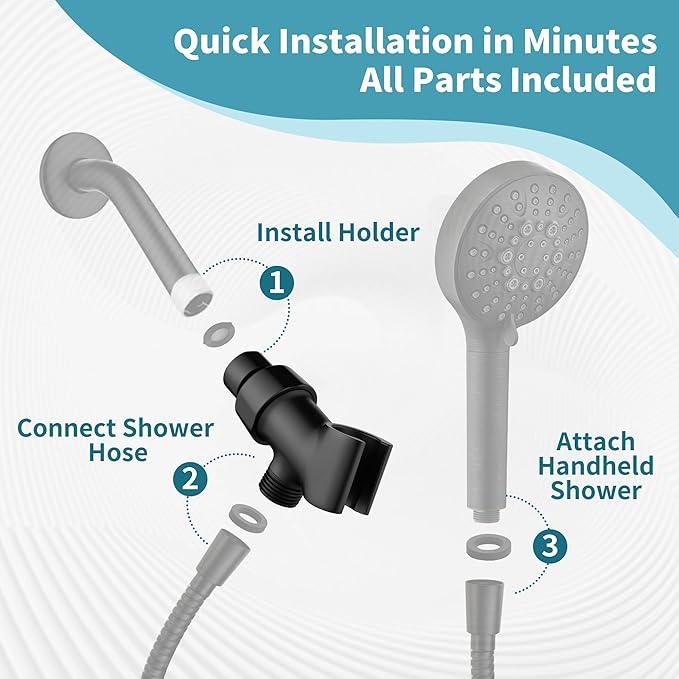 BRIGHT SHOWERS All Metal Handheld Shower Head Holder, Adjustable Shower Arm Mount with 360 Degree Rotatable Brass Ball Joint and Hose Connector, Universal Wall Hook Bracket, Matte Black - ModernBath