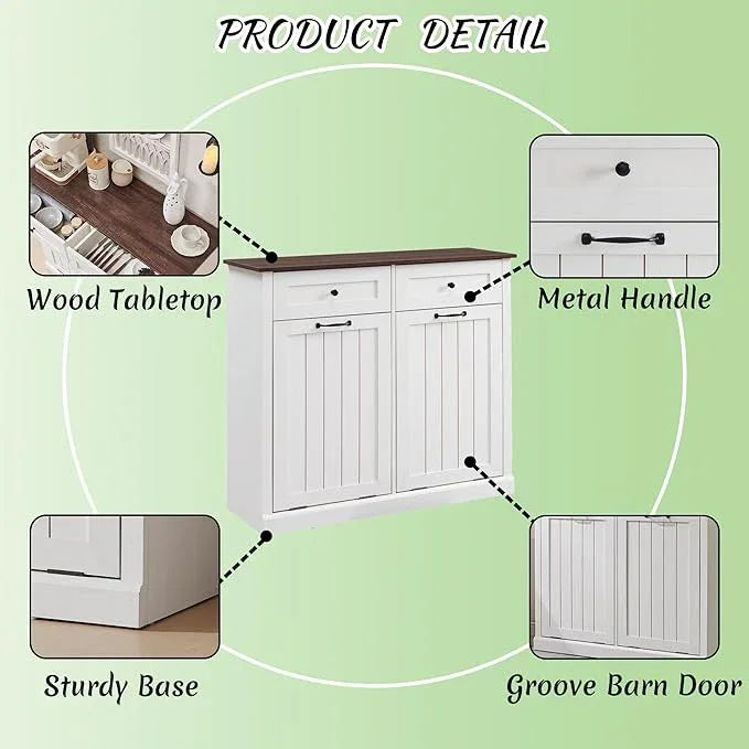 Double Tilt Out Laundry Hamper Cabinet, 20 Gallon Farmhouse Trash Can Cabinet with Drawer, Hidden Wood Garbage Can Bin Cabinets with Laundry Storage Basket for Bathroom, Kitchen (Antique White) - ModernBath