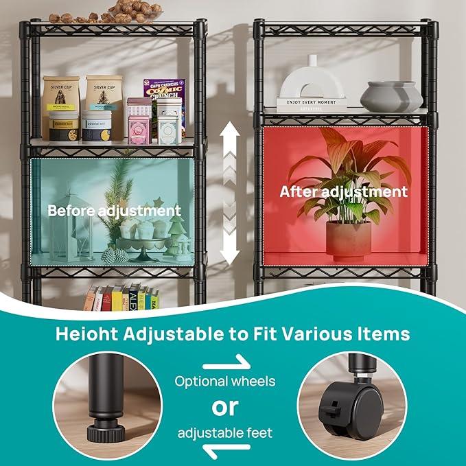 SINGAYE 4 Small Shelves Storage Shelf Wire Shelving Unit Metal Shelf Adjustable Organizers Storage Shelving with Wheels for Bathroom Laundry Room Kitchen Pantry11.5”D x 17.3”W x 44.5”H Black - ModernBath