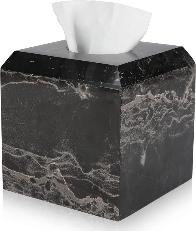 WORHE Tissue Box Cover Italy Natural Marble Heavy Duty Square Facial Toilet Paper Holder for Bathroom Living Room Bedroom Dresser Kitchen Minimalistic Office Home Decor Black (WH013) - ModernBath