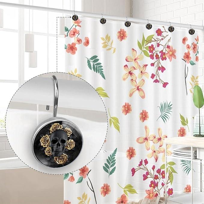 Black Skull with Gold Roses Shower Curtain Hooks Set of 12 Rustproof Metal Decorative Shower Hooks for Curtains Rods Shower Curtain Rings for Bathroom Living Room Bedroom - ModernBath