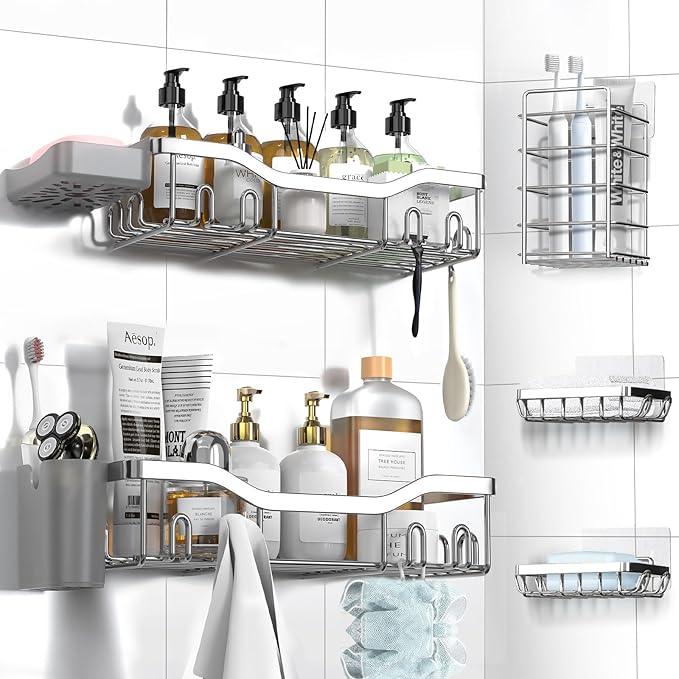 Shower Caddy Adhesive Shower Organizer 7-Pack, Rustproof Stainless Steel Bathroom Shelves, Large Capacity No-Drill Rack Storage Accessories with Soap Dish Toothbrush Holder Hooks (Silver) - ModernBath