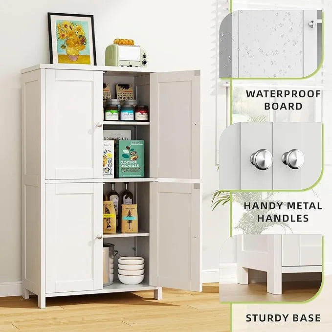 Vongrasig Bathroom Storage Cabinet, Small Bathroom Floor Cabinet with 4 Doors and Adjustable Shelves, Freestanding Modern Cabinet for Entryway, White - ModernBath