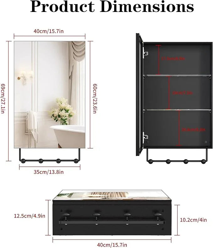 ANYHI 24"x16" Black Bathroom Cabinet with Mirror, Single Door Bathroom Wall Mirror Cabinet, 2 Adjustable Storage Organizer Shelves, 5 Removable Hooks - ModernBath