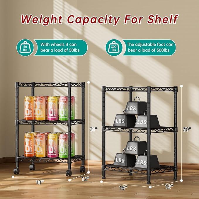 3 Tier Adjustable Storage Shelves Heavy Duty Metal Utility Shelf Wire Shelving Unit Organizer Rack for Home Kitchen Office Bathroom Pantry Room 12" D x 18" W x 30" H - ModernBath