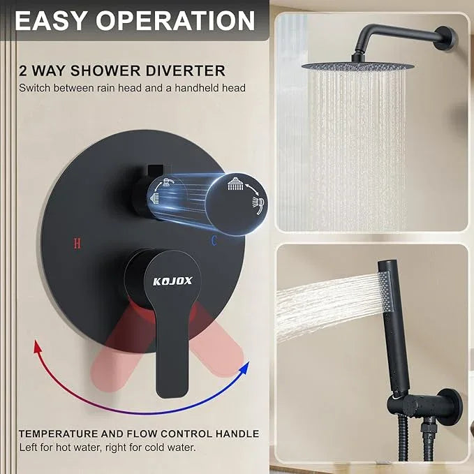KOJOX 12-Inch Matte Black High-Pressure Shower System: Complete Set with Rainfall & Handheld Shower Heads, Wall-Mounted Mixer Faucet, Rough-In Valve, & Trim Kit for Bathroom - ModernBath