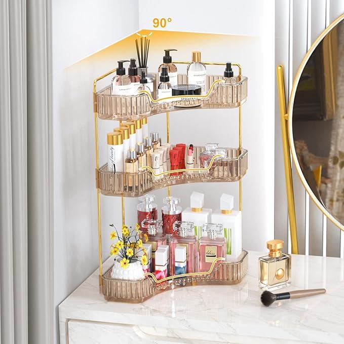 GTI 3-Tier Corner Bathroom Counter Organizer, Large Capacity Makeup Organizer Countertop, Perfume Cosmetics Skincare Vanity Organizers, Exquisite Countertop Storage for Women (Amber) - ModernBath