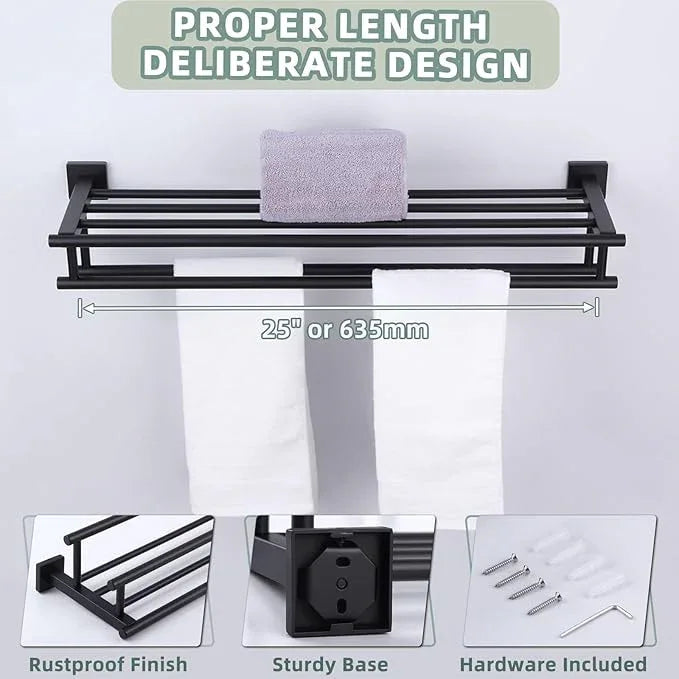 Bath Towel Shelf with 2 Towel Holders, Angle Simple Stainless Steel Bathroom Towel Rack with Towel Bars, Wall Mount Train Rack Matte Black 27.56 Inches - ModernBath