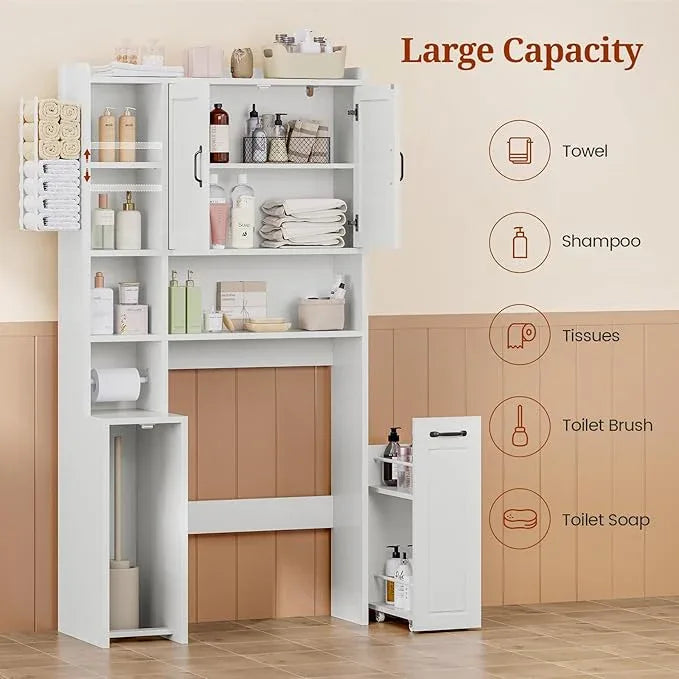 Over The Toilet Storage Cabinet with Pulley, Bathroom Cabinet, Space Saver W/Adjustable Shelf Rack for Bathroom, Restroom, Laundry (White-Type B) - ModernBath