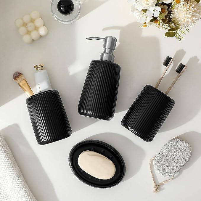 vancasso Ceramic Bathroom Accessories Set 4 Piece, Soap Dispenser with Stainless Steel Pump, Toothbrush Holder, Tumbler and Soap Dish, Modern Relief Design, Bathroom Decor Organizer, Black - ModernBath