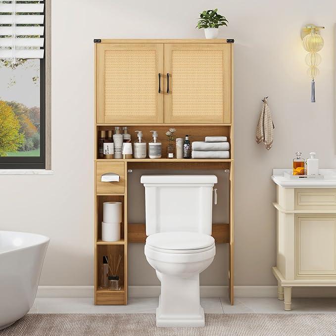 Vabches Over The Toilet Storage Cabinet, Farmhouse Rattan Storage Cabinet Over Toilet with 2 Rattan Barn Doors & Home Space-Saving Toilet Rack, for Bathroom, Restroom, Laundry - ModernBath