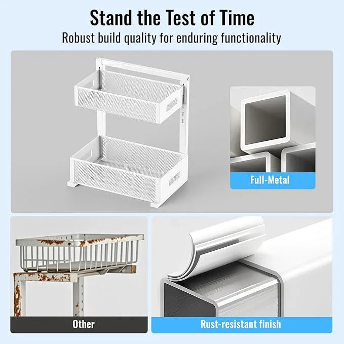 Full Metal Under Sink Organizer, Pull Out Cabinet Organizers and Storage, Silk-Smooth Sliding Drawer for Kitchen, Bathroom, Pantry, Cabinet, Closet (White, 2 Pack) - ModernBath