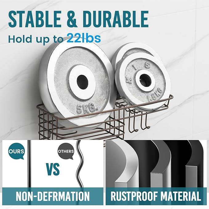 TAILI Shower Caddy Suction Cup with Hooks & Soap Holder, Heavy Duty Bathroom Shower Organizer, No Drilling Shelves for Inside Bathroom, Metal Storage Basket-Brown - ModernBath