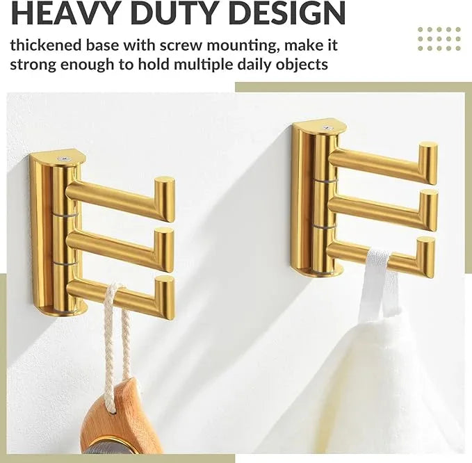 APLusee Brushed Gold Swivel Towel Hook 2 Pack, 304 Stainless Steel Triple Clothes Hook, Wall Mount - ModernBath