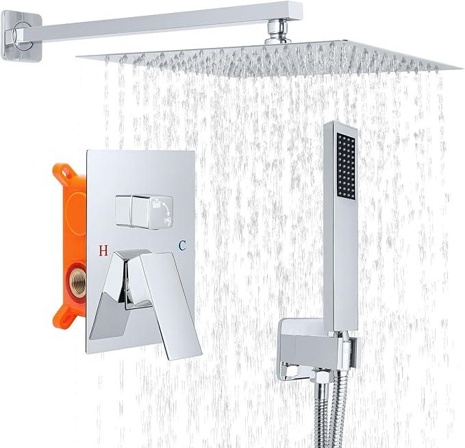 TENIGXT Bathroom Shower Faucet Set，10 Inch Rain Shower Head with Handheld Spray，Brass Shower Valve Trim Kit，Wall Mounted Square Rain Shower System (Chrome) - ModernBath